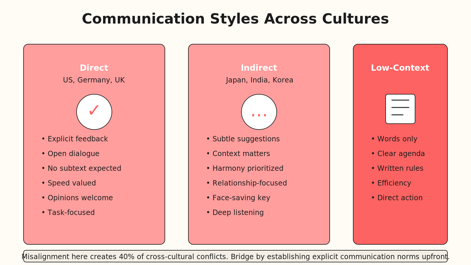 Radial hub diagram showing direct vs indirect communication styles. Direct (US, Germany) on left: explicit feedback, open dialogue, no subtext. Indirect (Japan, India) on right: subtle suggestions, context matters, harmony prioritized.