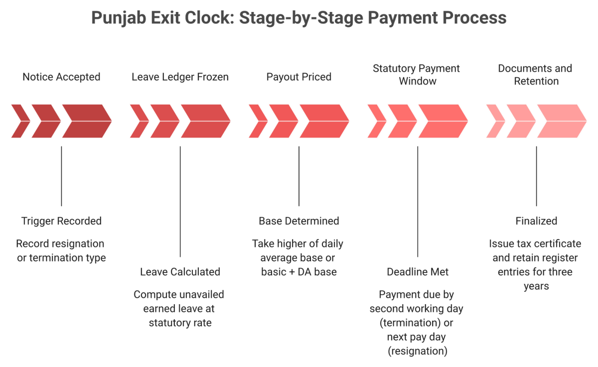 Five-stage timeline of a Punjab employee exit from notice acceptance to statutory final settlement payment and record retention
