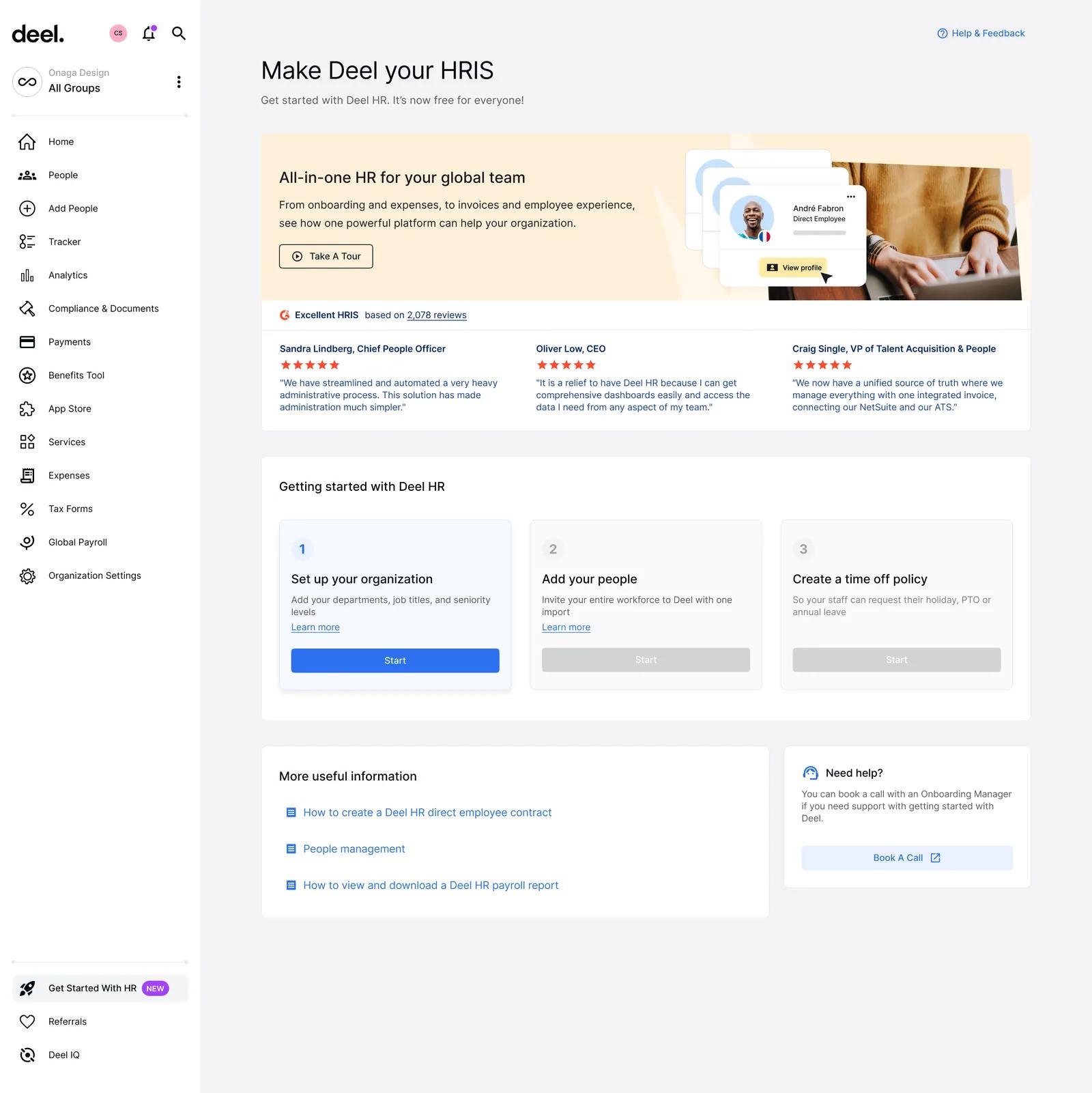 Deel HR workspace with people, payroll, compliance and analytics menus plus a three-step organisation setup checklist