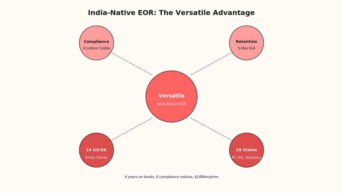 Radial hub diagram showing Versatile as India-native EOR with four spokes: compliance (4 Labour Codes), retention (5-day SLA), coverage (28 states), and scale (multiple US/UK entity clients)