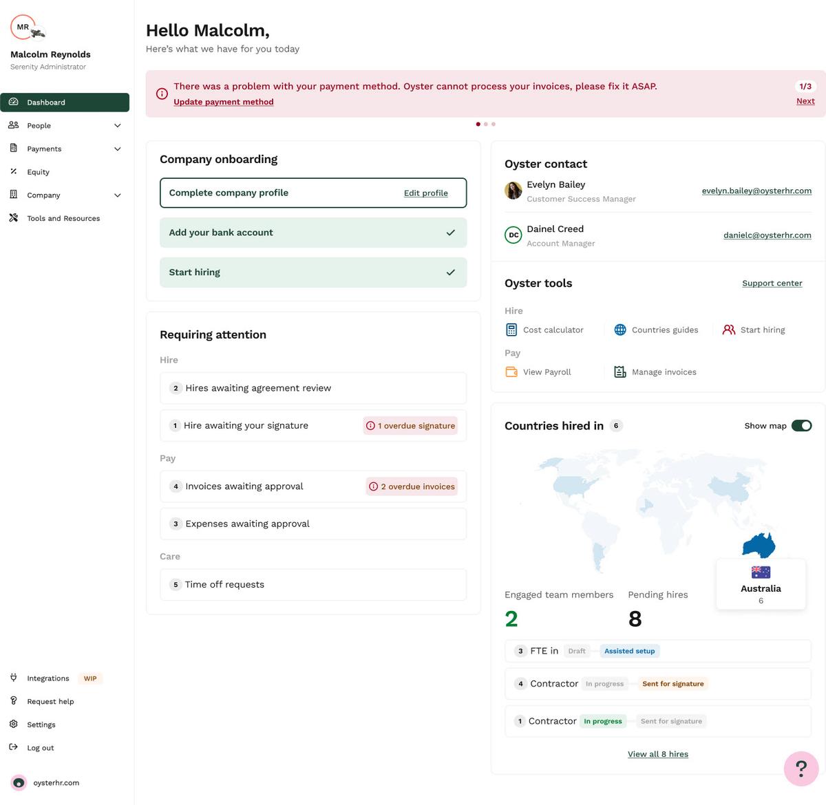 Oyster HR dashboard showing company onboarding, payment alerts, and countries-hired-in map for global teams