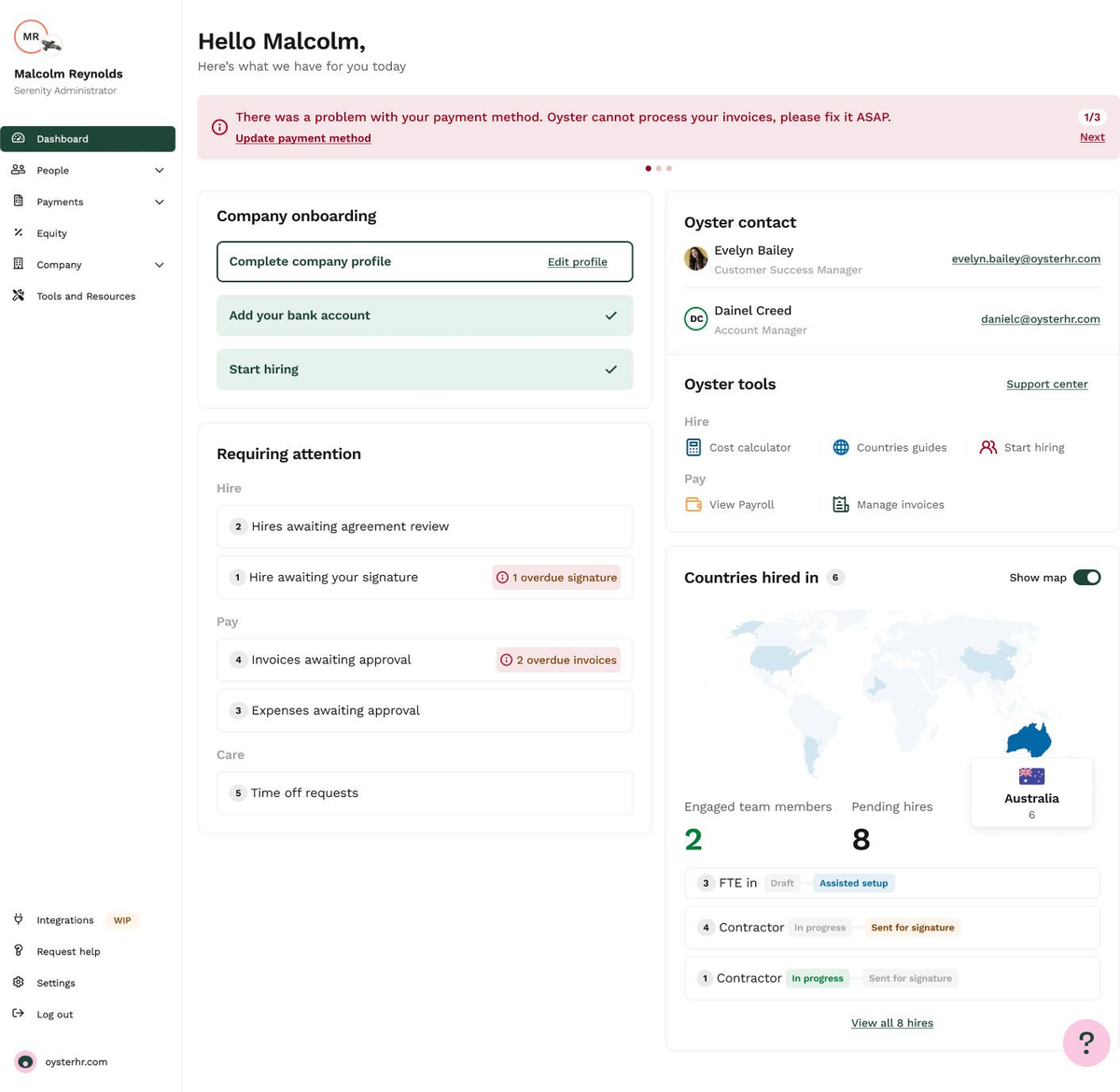 Oyster HR admin dashboard showing company onboarding, pending hires, invoice approvals, and six countries hired in