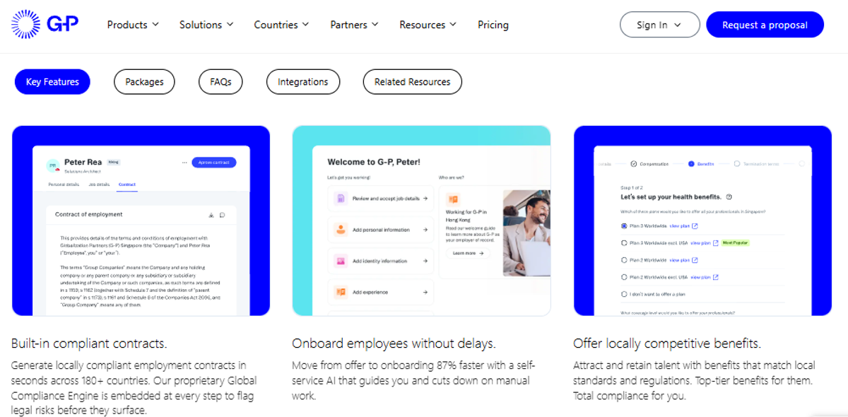 G-P feature cards showing an employment contract, employee onboarding checklist, and health benefits selection screen.