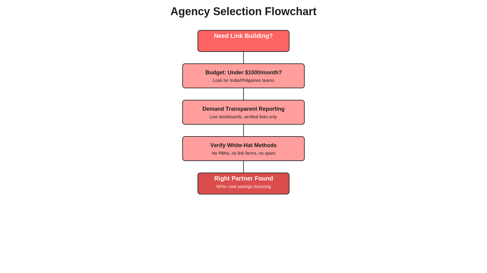 Flowchart showing decision steps: Need Link Building → Budget Check → Demand Transparent Reporting → Verify White-Hat Methods → Right Partner Found.
