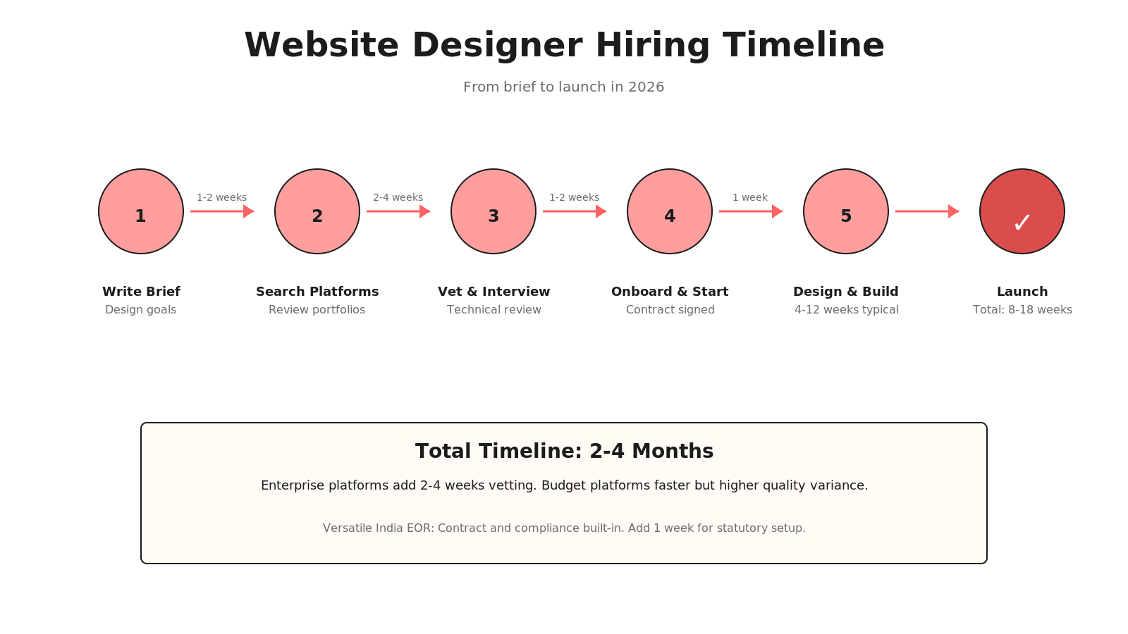 Timeline flowchart: Write Brief (1-2 weeks), Search Platforms (2-4 weeks), Vet & Interview (1-2 weeks), Onboard & Start (1 week), Design & Build (4-12 weeks), Launch (total 8-18 weeks).