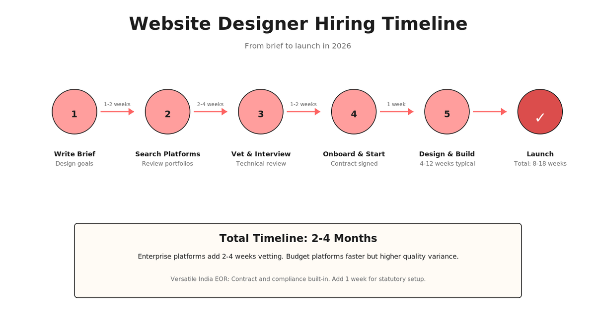 Timeline flowchart: Write Brief (1-2 weeks), Search Platforms (2-4 weeks), Vet & Interview (1-2 weeks), Onboard & Start (1 week), Design & Build (4-12 weeks), Launch (total 8-18 weeks).