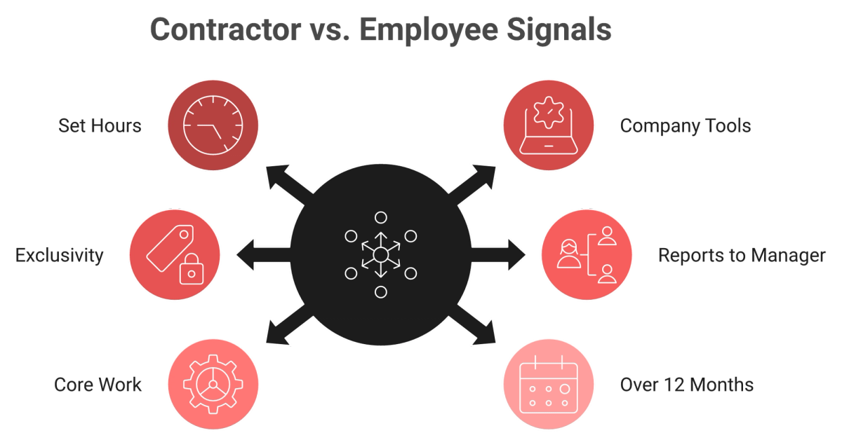 Radial diagram of six control signals that make an India contractor legally an employee