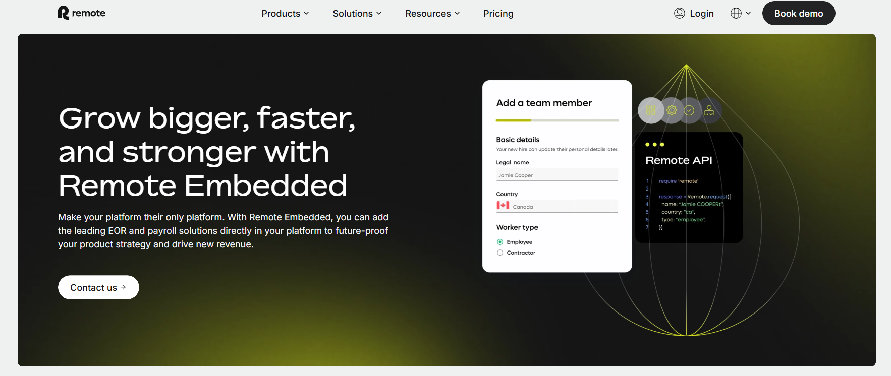 Remote Embedded EOR and payroll API, with an add-a-team-member form for a Canada hire and sample API code