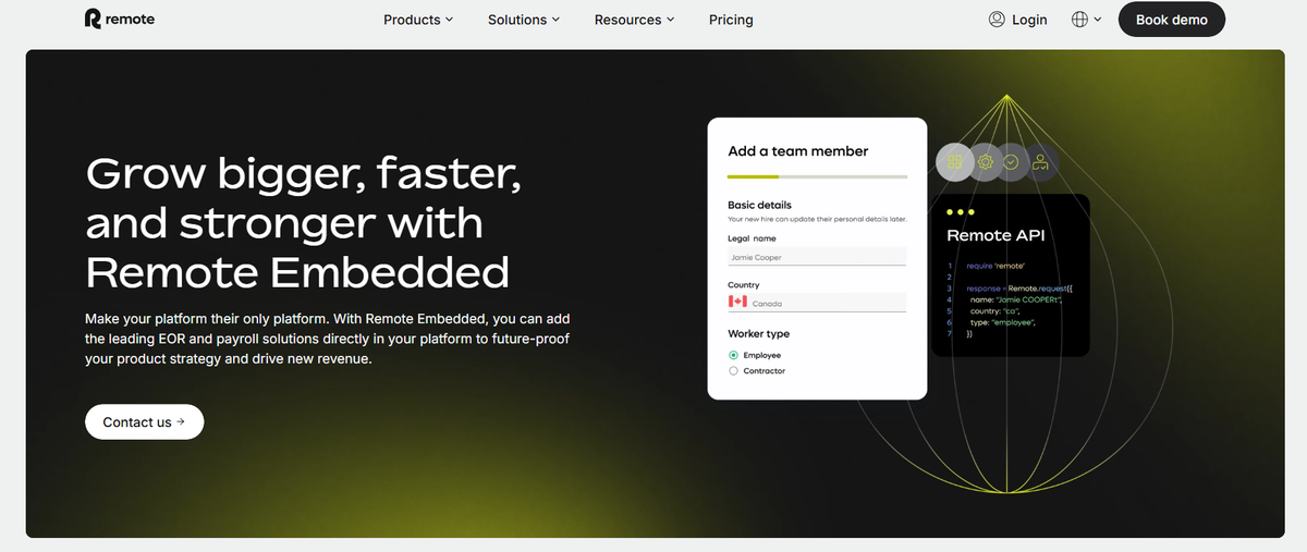 Remote Embedded EOR and payroll API, with an add-a-team-member form for a Canada hire and sample API code