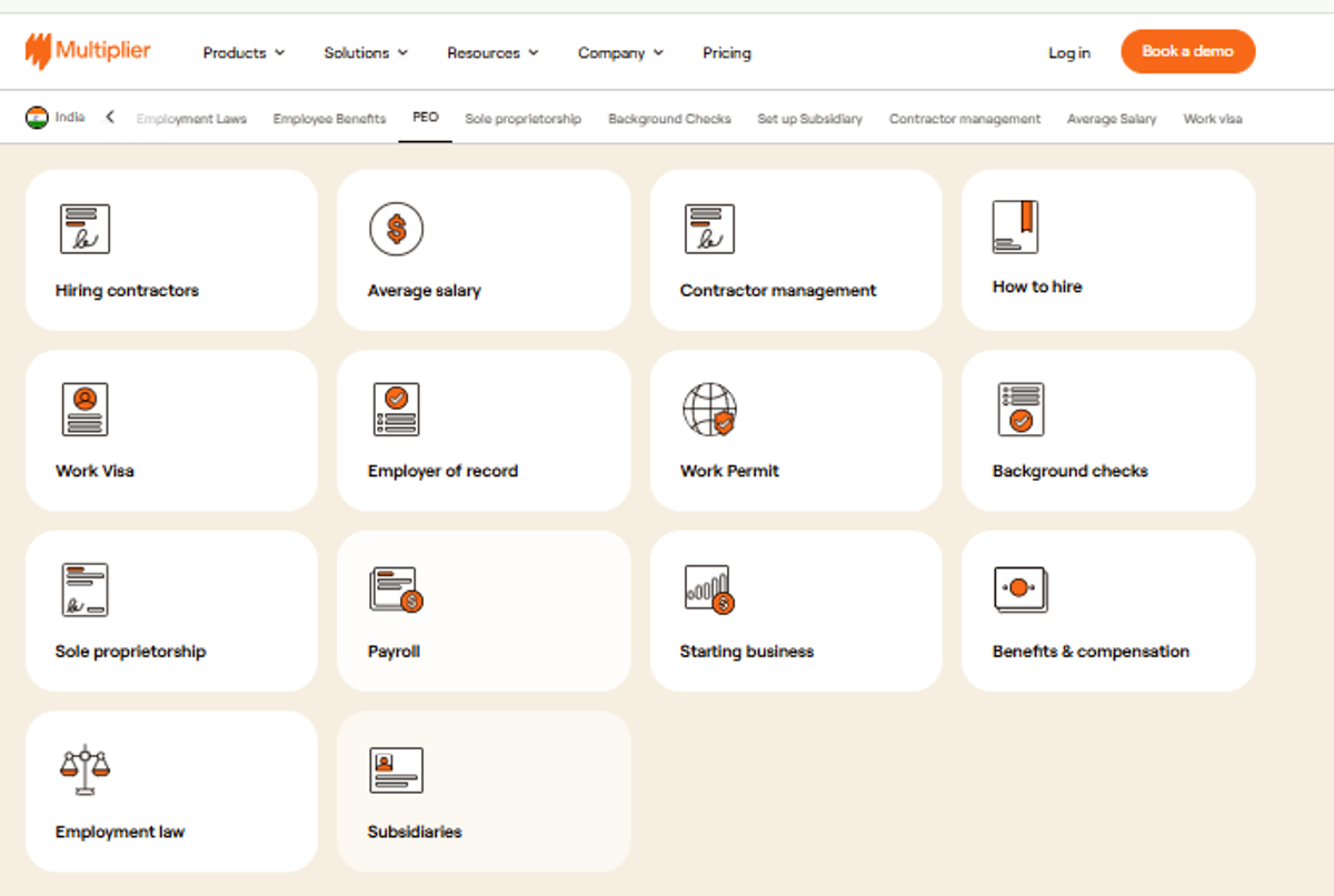Multiplier India resource page with tiles for payroll, employer of record, contractor management, and employment law.