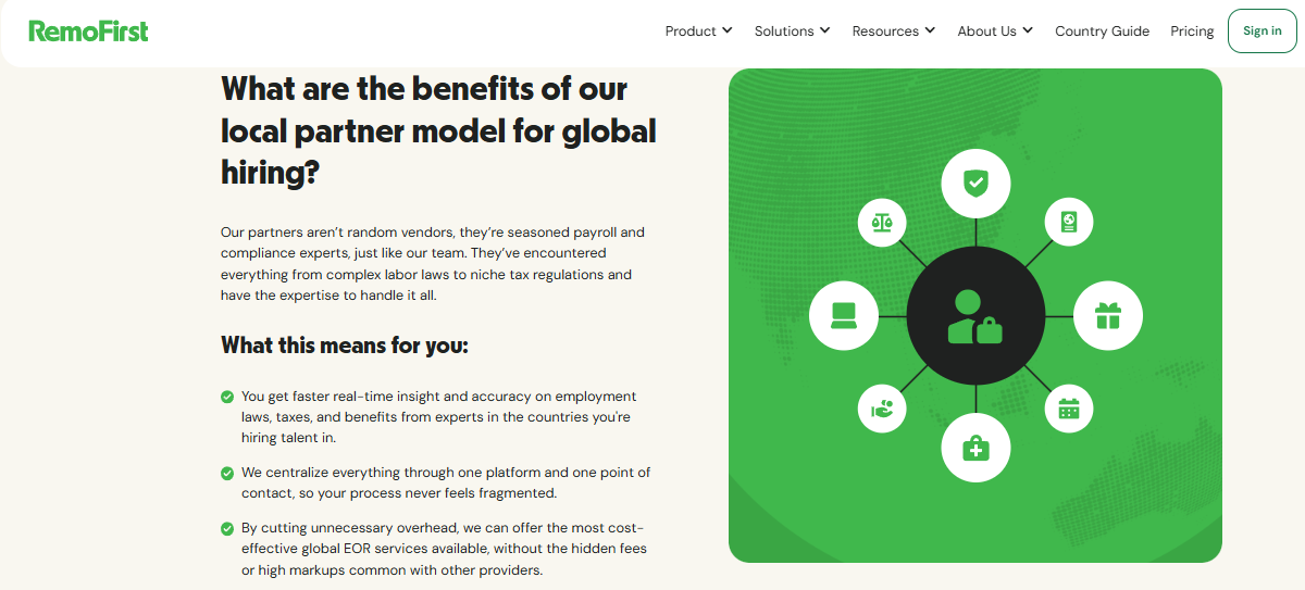 RemoFirst page explaining its local partner model for global hiring and cost-effective EOR without hidden fees