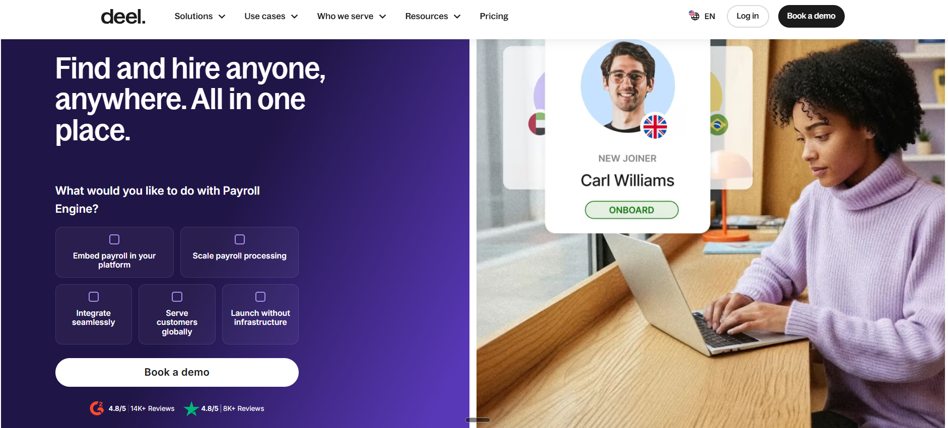 Deel's global hiring platform with payroll engine options and onboarding flow for a new international joiner
