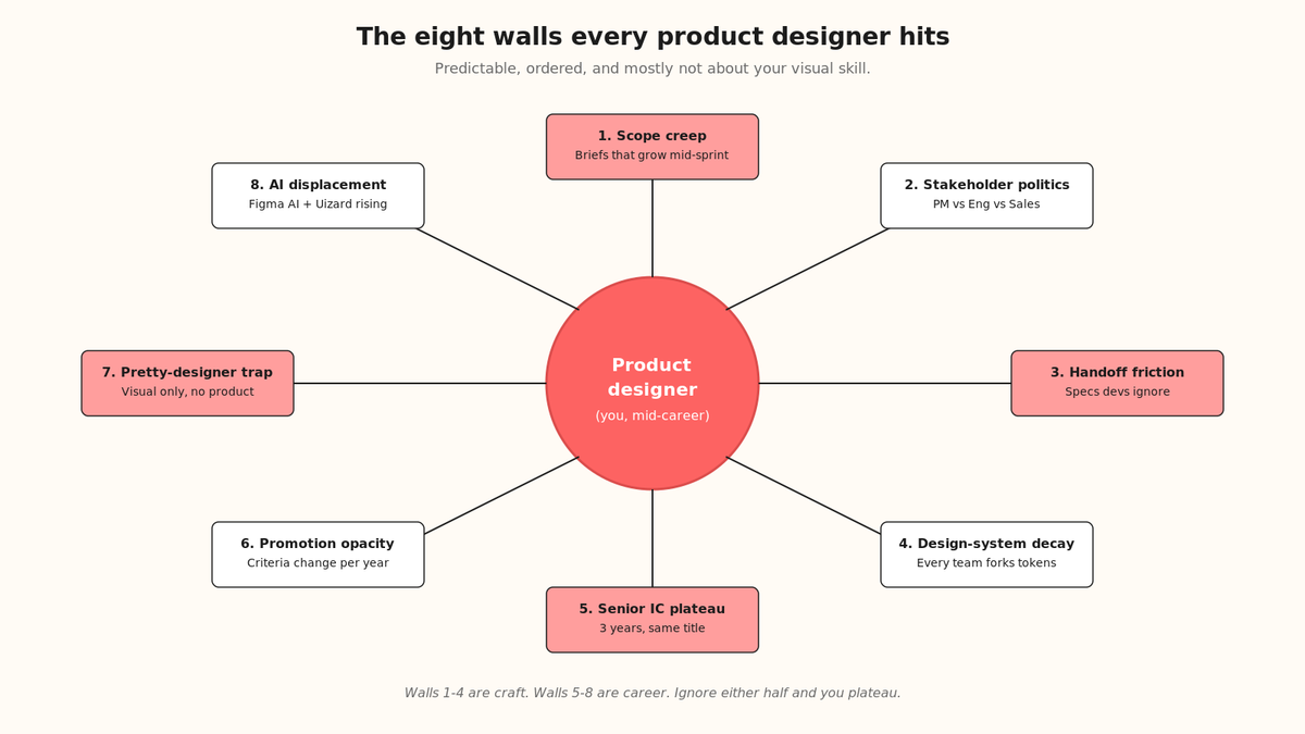 Radial hub diagram showing eight predictable career obstacles that product designers face, arranged around a central hub.