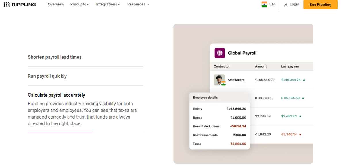 Rippling global payroll screen showing INR salary, bonus, benefit deductions and taxes for an India worker