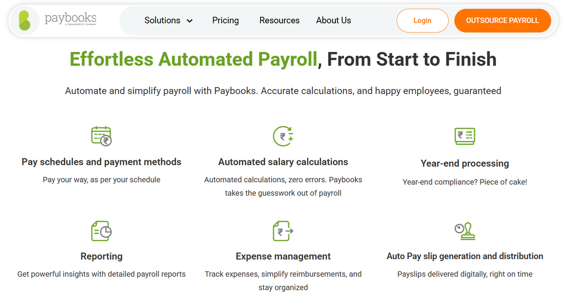 Paybooks automated India payroll features including salary calculations, year-end processing, and payslip distribution