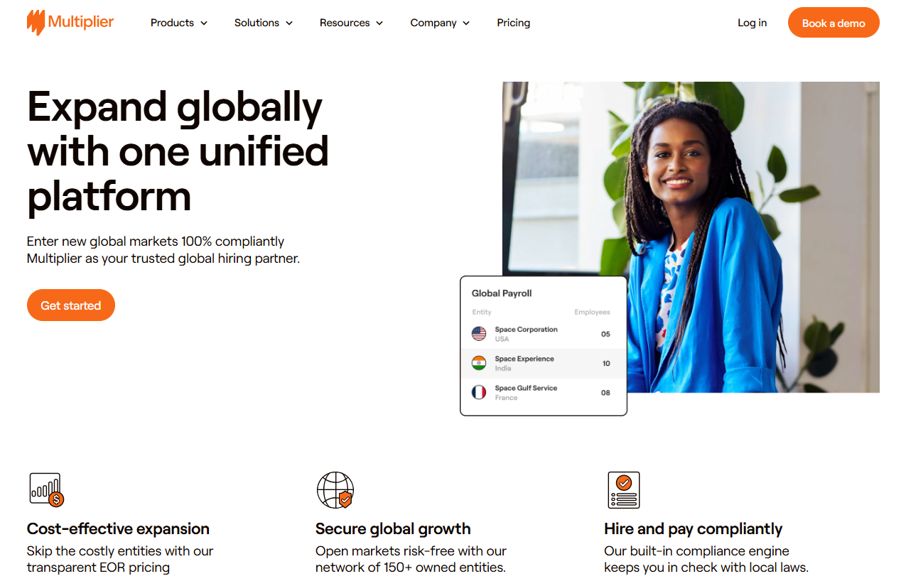 Multiplier unified global hiring platform with payroll panel showing India, US and France entity headcounts