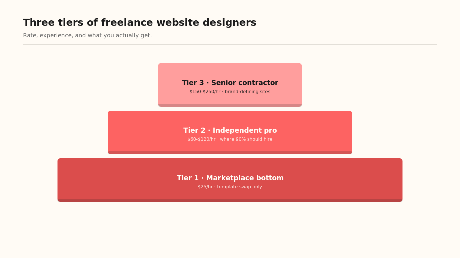 Three tiers of freelance website designers by hourly rate, experience, and output type