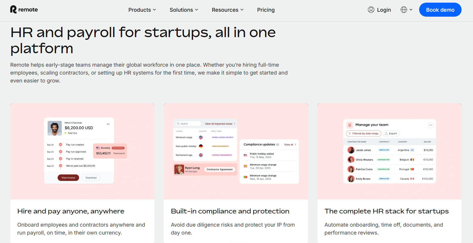 Remote's startup HR and payroll tools showing a completed pay run, compliance change alerts and a contractor salary table