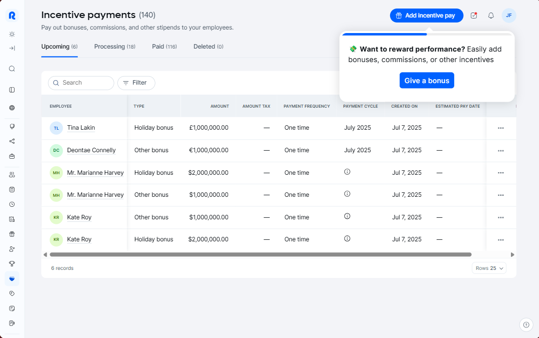 EOR incentive payments dashboard listing employee bonuses and pay cycles, comparing global hiring tools for India