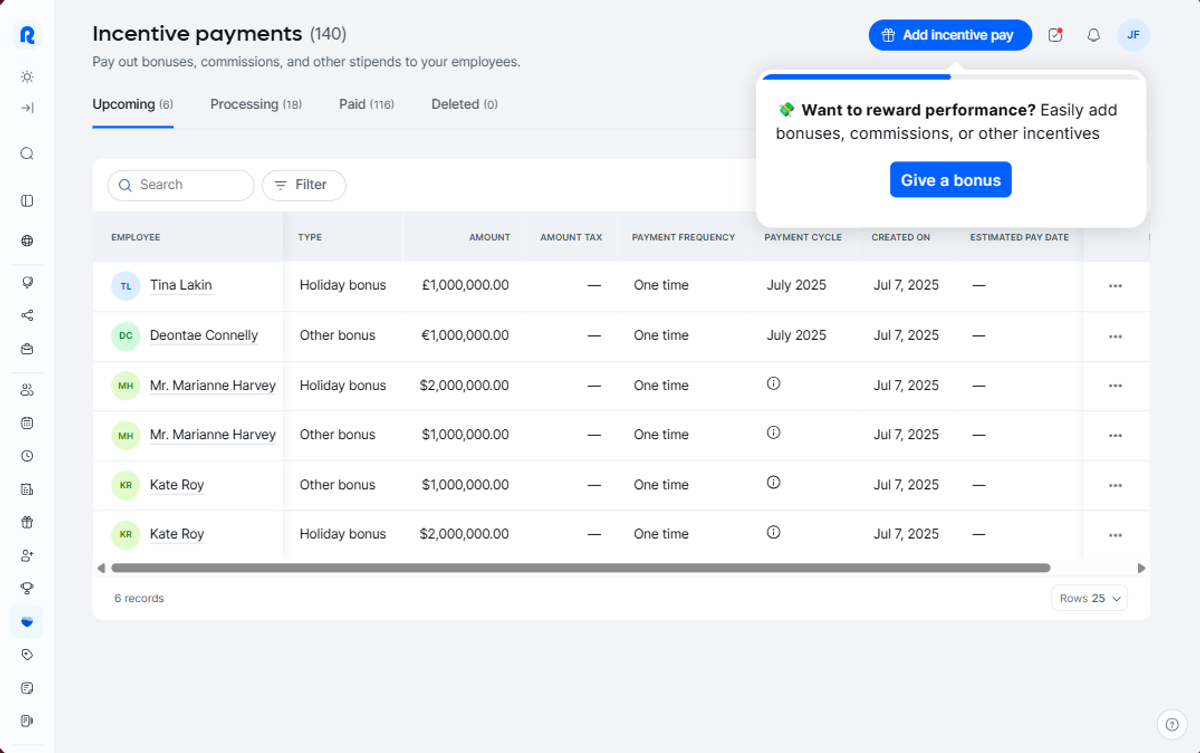 Remote payroll platform displaying incentive payments, bonuses, and commissions for outsourced compensation