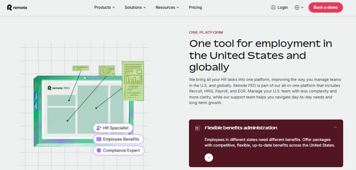 Remote PEO webpage showing HR specialist, employee benefits, and compliance support, with a US benefits panel.