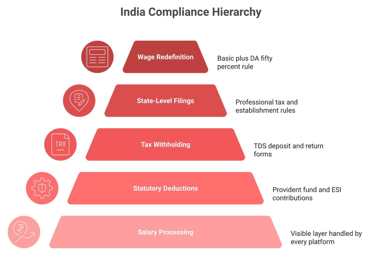 Five-layer stack of India payroll obligations from salary processing up to wage redefinition and gratuity