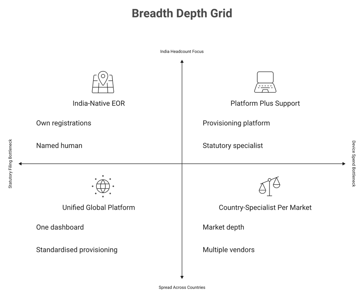 Two-by-two decision matrix mapping India headcount concentration against statutory versus device bottlenecks