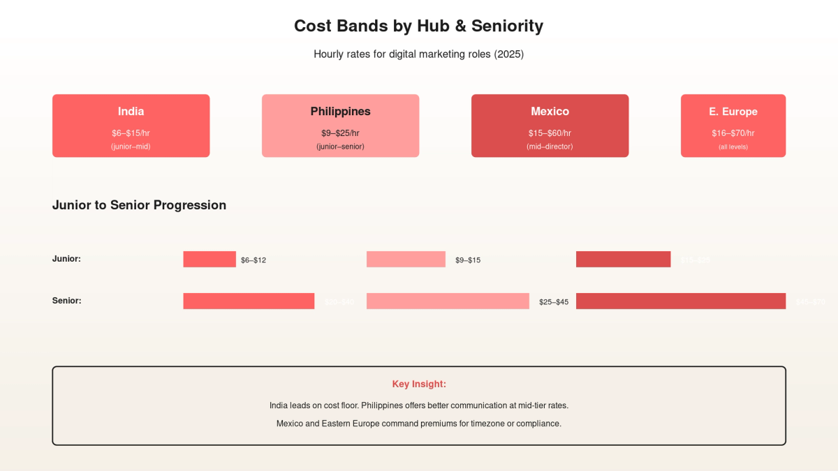 Cost band comparison across four offshore hubs showing India $6-$15/hr, Philippines $9-$25/hr, Mexico $15-$60/hr, and Eastern Europe $16-$70/hr for digital marketing roles