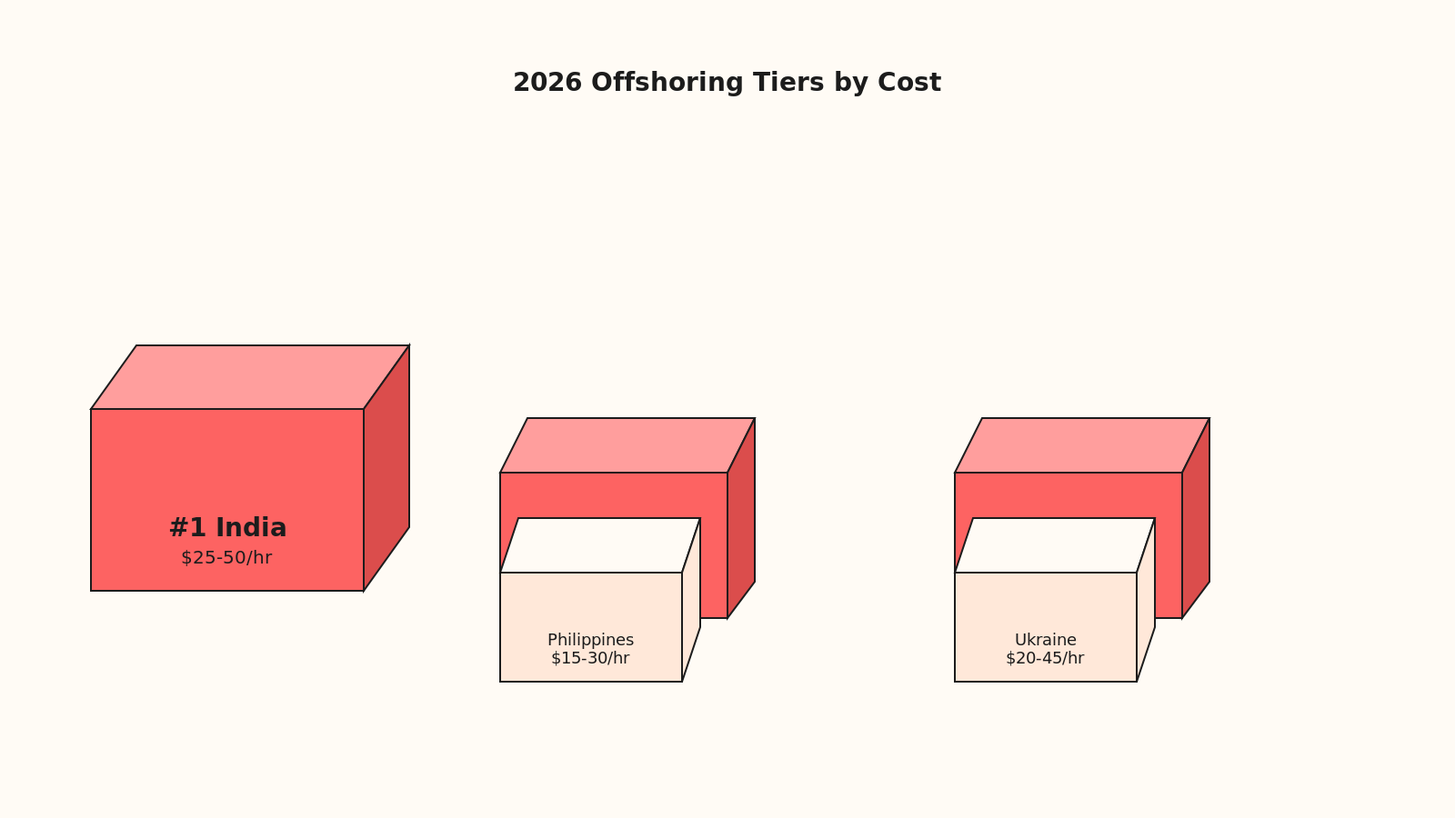 Isometric tiers chart showing India at #1 tier with $25-50 hourly rate, Vietnam and Poland in middle tier, and Philippines and Ukraine in bottom tier by cost position