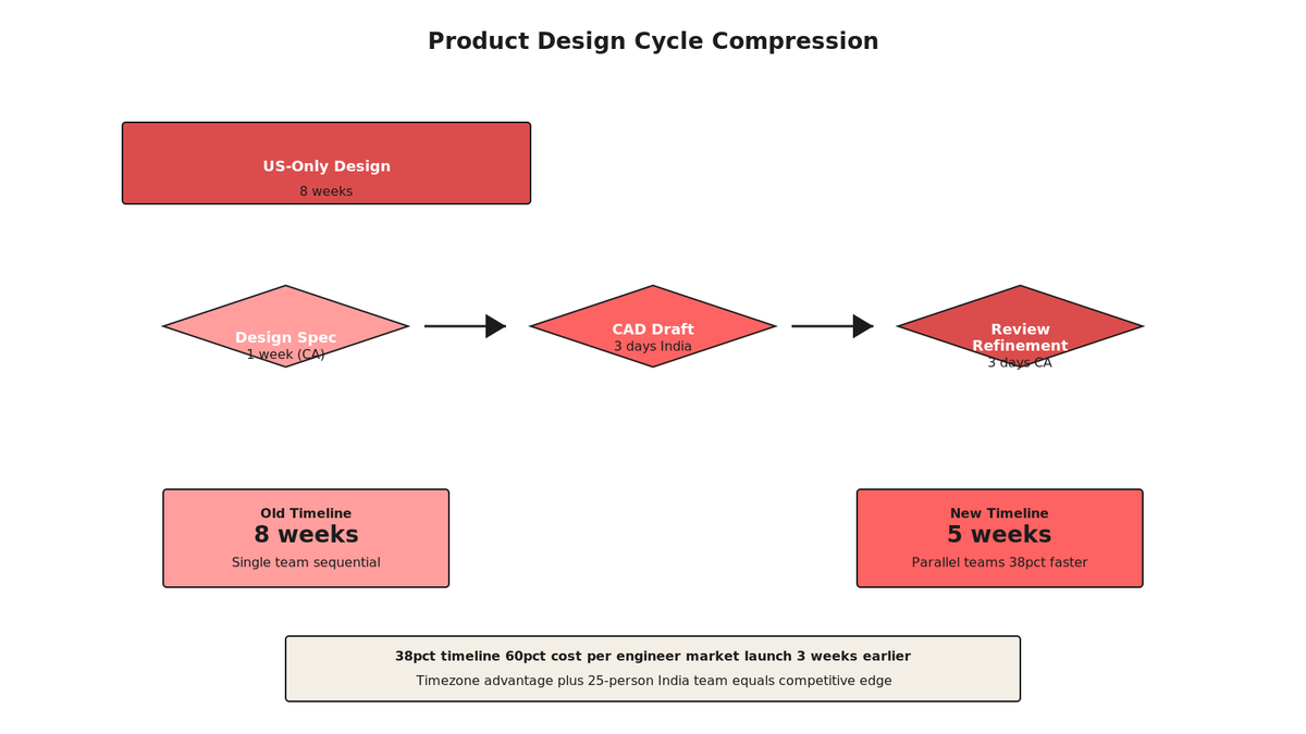 Chevron timeline showing design workflow. Left chevron: 'US-only design cycle 8 weeks' (single box). Right side: 3 chevrons showing 'Design spec written (CA team, 1 week)', 'CAD draft (India team, 3 days, overnight)', 'Design review & refinement (CA team, 3 days)', totaling 5 weeks. Bottom callout: '38% timeline compression, 60% cost savings'.