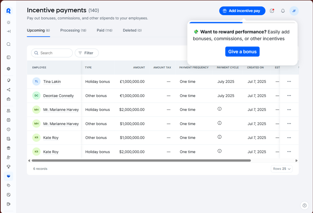 Remote EOR dashboard showing incentive payments table with employee bonuses, amounts, payment cycles, and a give-a-bonus prompt