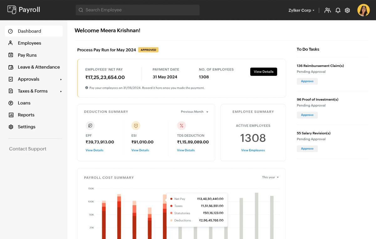  Zoho Payroll dashboard showing EPF, ESI, TDS deductions, net pay, and pending statutory approvals