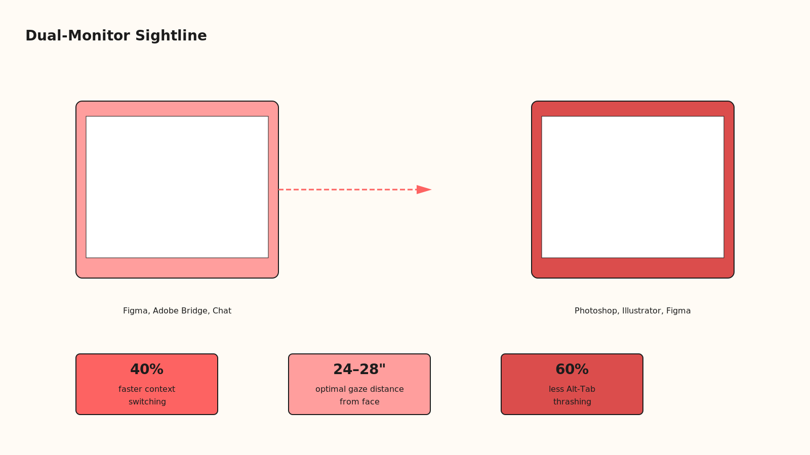 Chevron timeline showing workflow progression: reference on left monitor, main work on right, with eye movement patterns and software window positioning