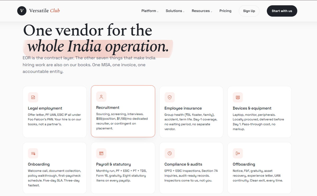 Versatile Club India EOR page showing eight statutory services, PF, ESIC, and five-day onboarding SLA