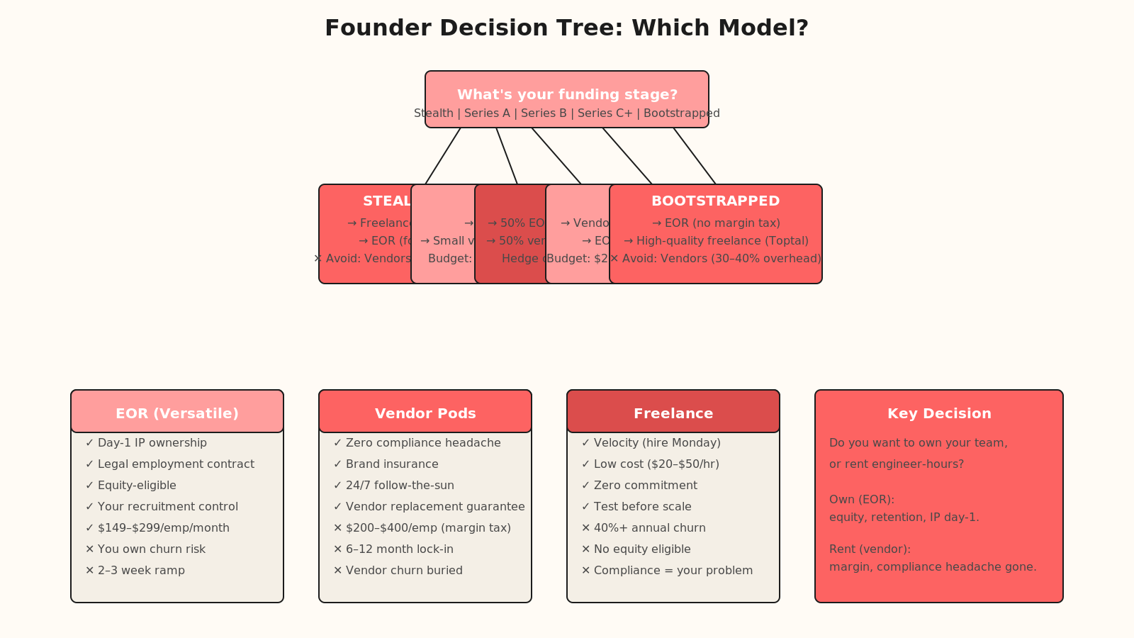Decision tree flowchart: root node asks funding stage (stealth, Series A, B, C+, bootstrapped). Five branches show model recommendations: stealth goes to freelance or EOR; Series A to EOR + small vendor; Series B to 50/50 EOR and vendor split; Series C+ to vendor pods with strategic EOR; bootstrapped to EOR or high-quality freelance. Bottom cards compare EOR, vendor, and freelance pros and cons.
