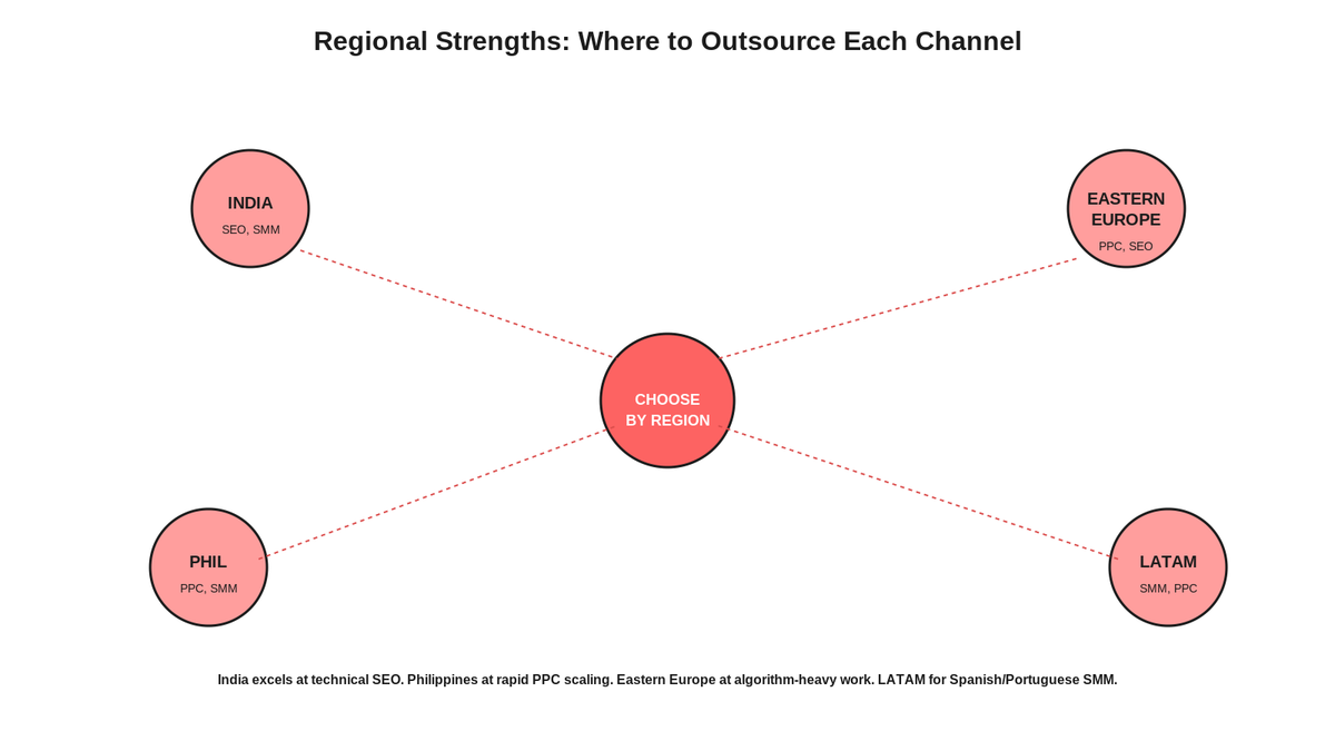 Regional strengths chart showing India excels at SEO, Philippines at PPC and SMM, Eastern Europe at algorithm-heavy work, LATAM at Spanish-language SMM