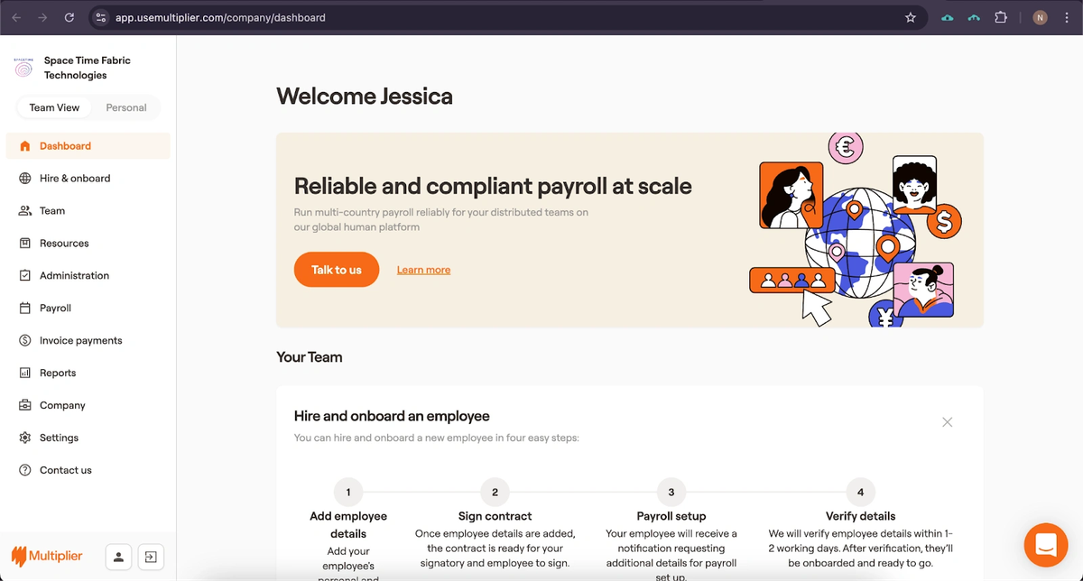 Multiplier dashboard showing multi-country payroll setup and four-step employee onboarding for distributed teams