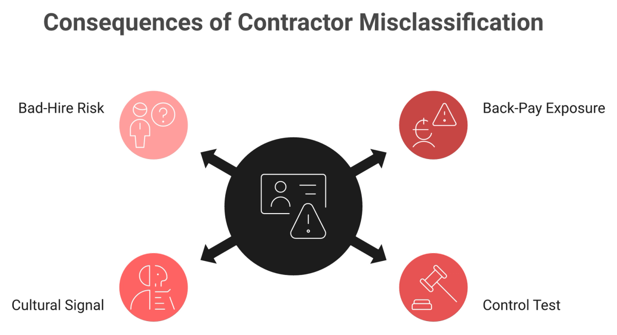 Radial diagram of contractor misclassification risks in India including back-pay exposure and the control test.