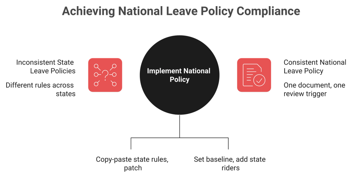 Diagram contrasting state-first policy copying with a national floor plus state riders model for India leave policy