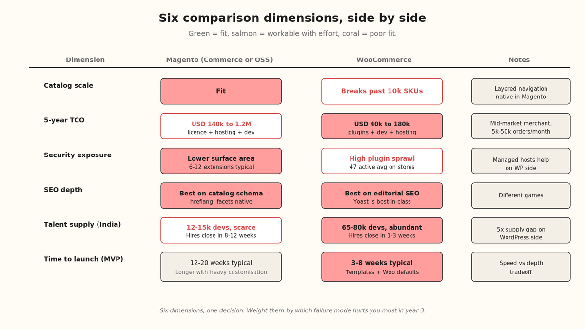 Card grid comparing the six critical decision dimensions for Magento vs WordPress with WooCommerce: catalog scale, TCO five year, security exposure, SEO depth, developer talent supply, and time to launch.