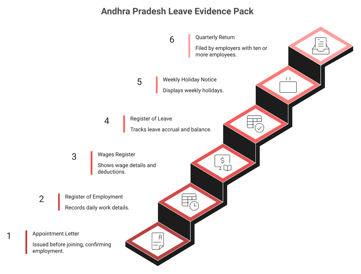 Six-step sequence of Andhra Pradesh statutory leave records from appointment letter to quarterly return.