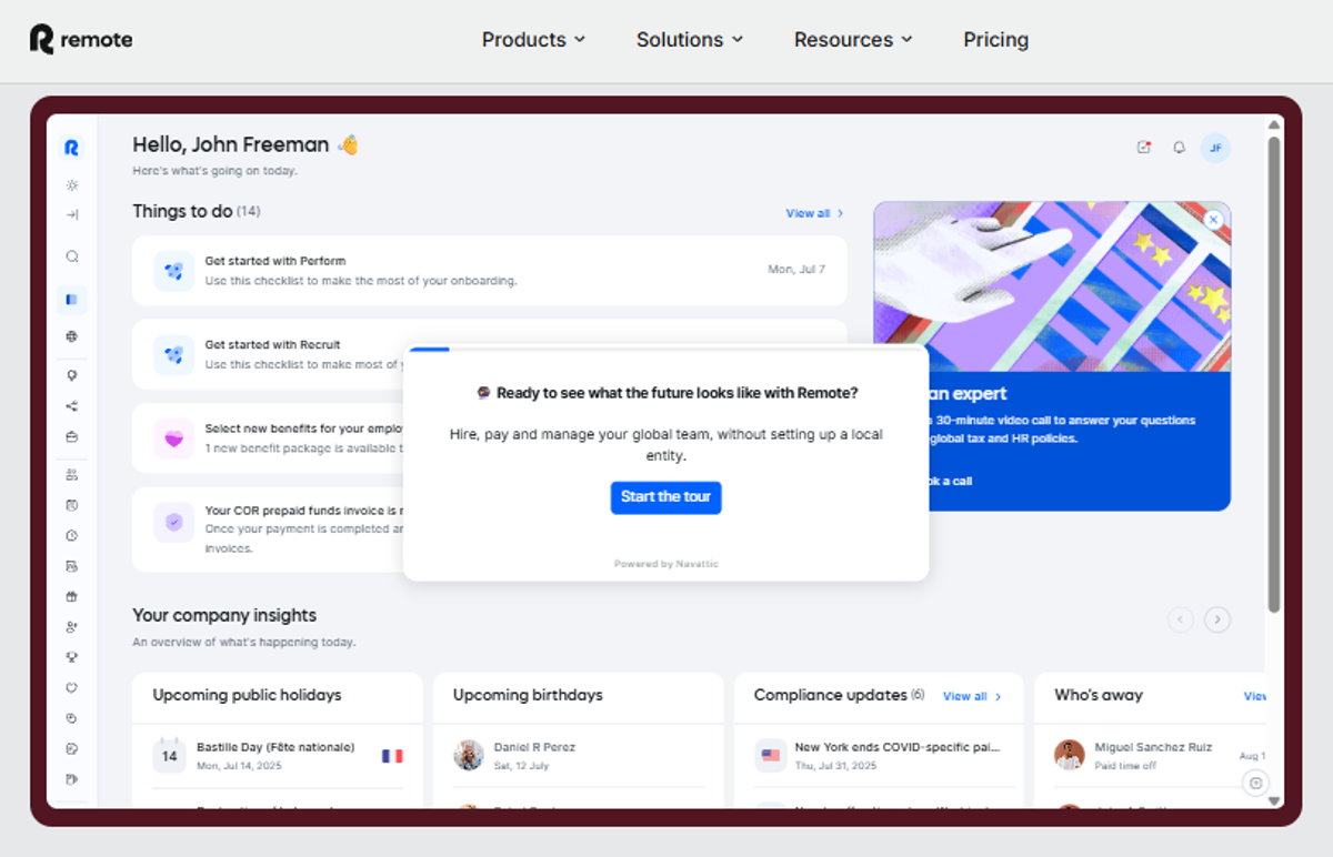 Remote platform dashboard with onboarding checklists, compliance updates, benefits selection and upcoming holidays