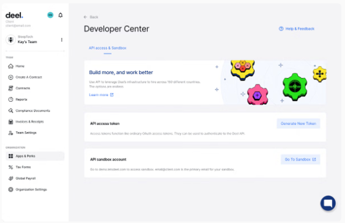 Deel Developer Center dashboard showing API access token generation and sandbox account setup for EOR integrations