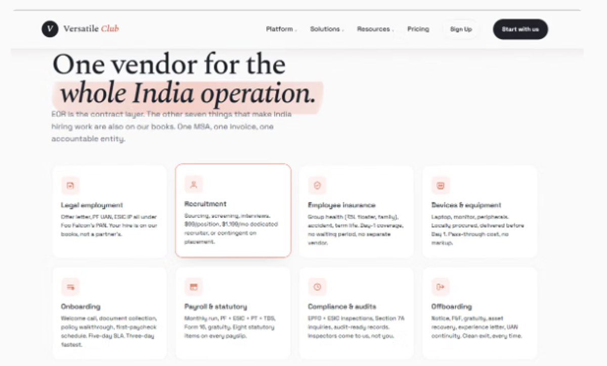 Versatile Club page listing legal employment, recruitment, insurance, payroll, compliance and offboarding for India EOR