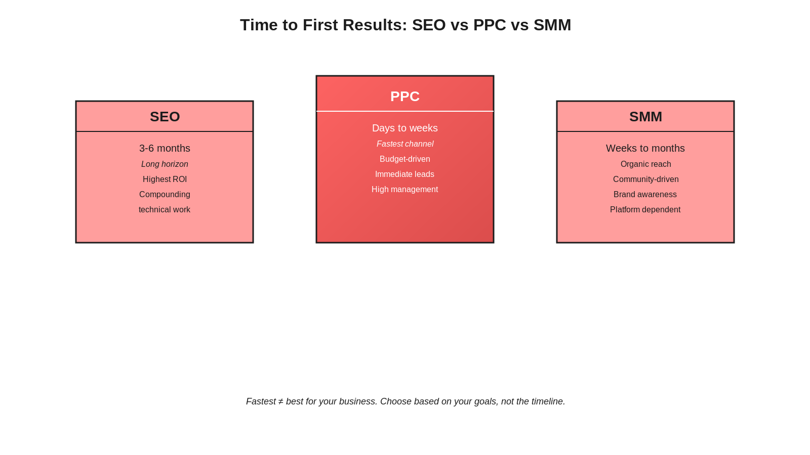 Time to Results: SEO versus PPC versus SMM channel comparison chart showing 3-6 months for SEO, days to weeks for PPC, weeks to months for SMM