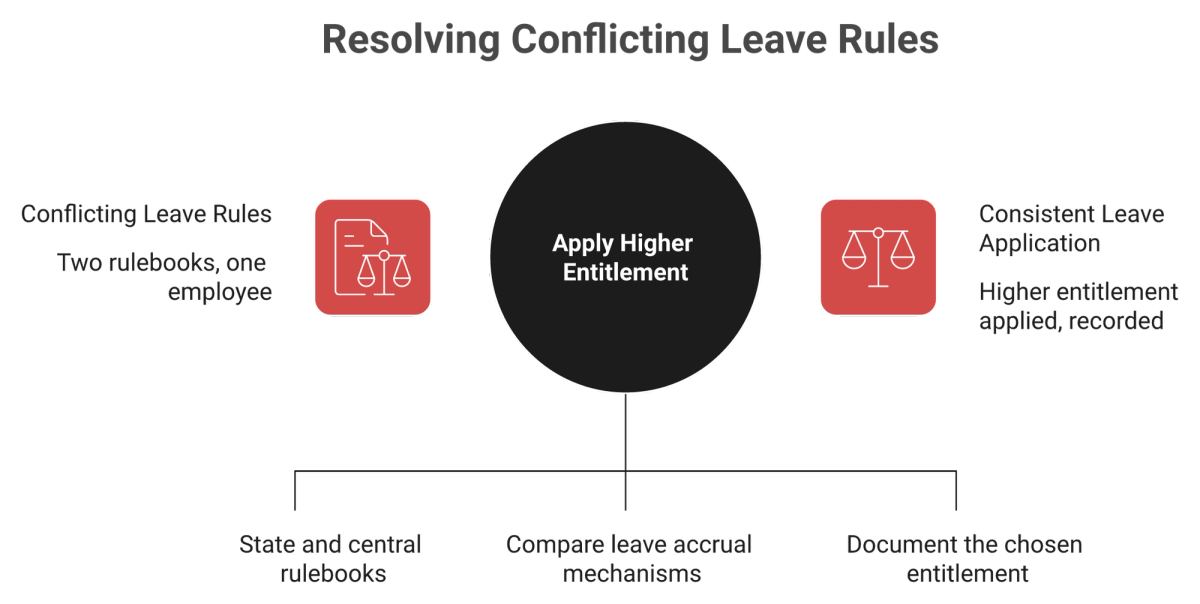 Diagram comparing West Bengal Shops Act and OSH Code leave rules with a higher-of resolution rule