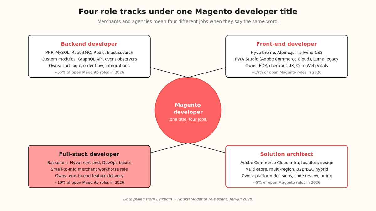 Radial hub diagram showing four Magento developer role types (backend, front-end, full-stack, architect) connected to a central Magento developer node.