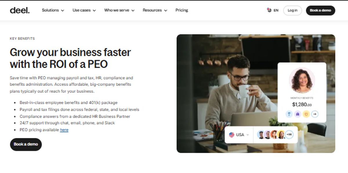 Deel PEO webpage highlighting payroll, tax filings, employee benefits, and HR support for US businesses.