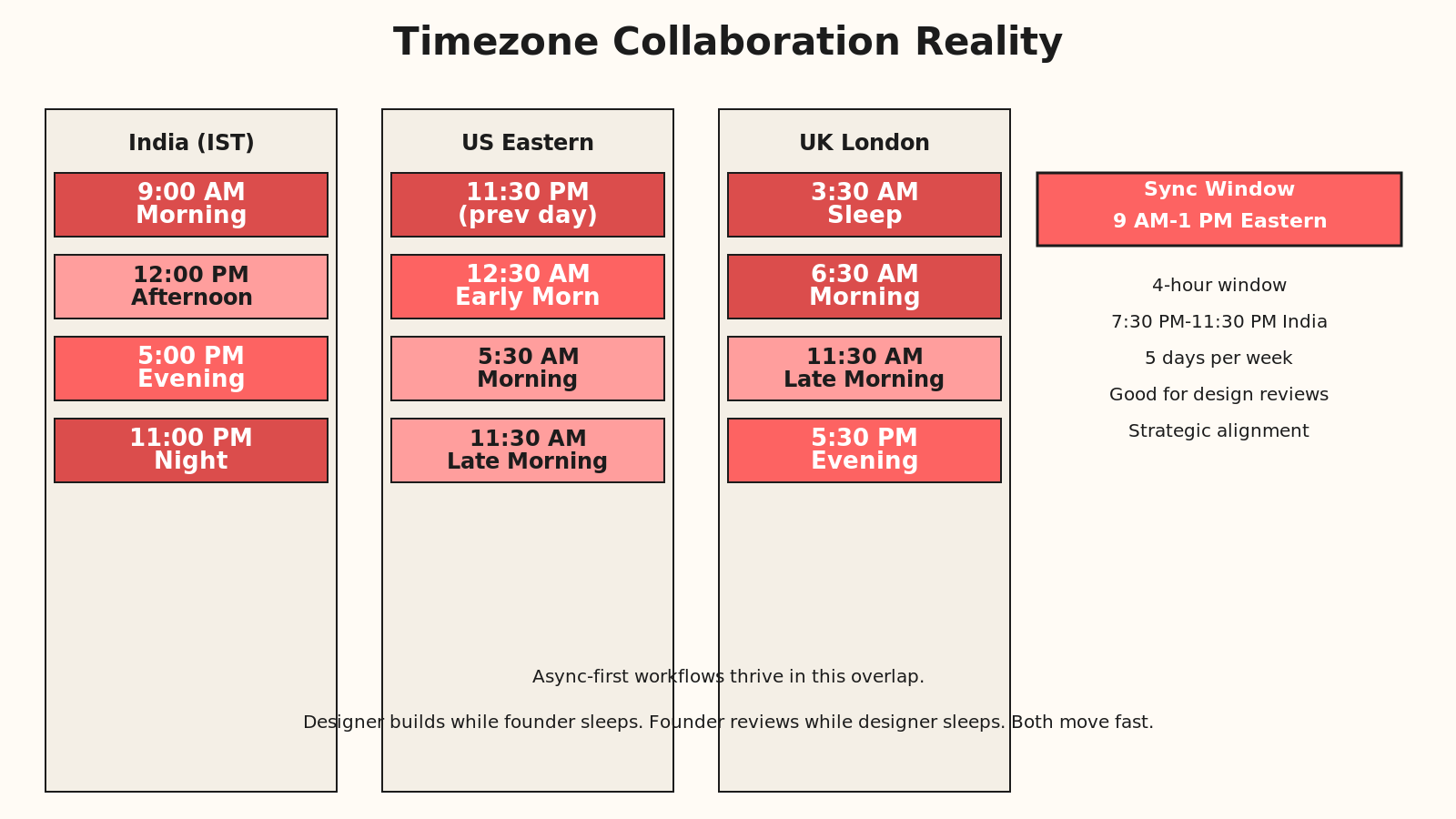 Flowchart showing India-US timezone collaboration: India morning = US evening, India evening = US night
