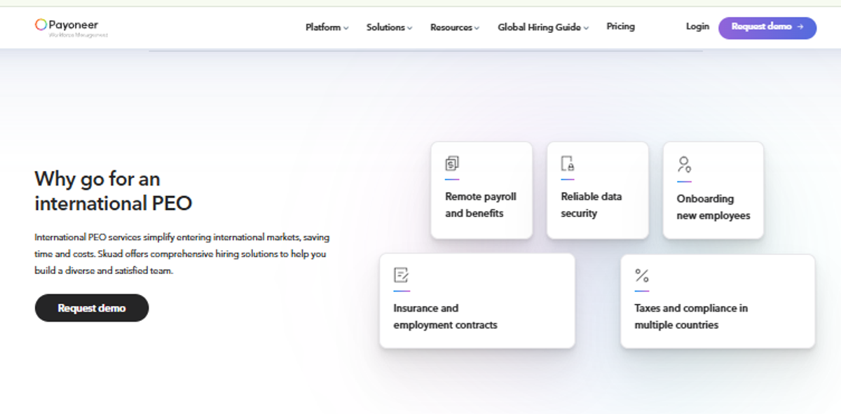 Payoneer Workforce Management webpage showing international PEO services for payroll, onboarding, contracts, and tax compliance.